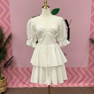 Altar'd State White Puff-Sleeve Tiered Mini Dress